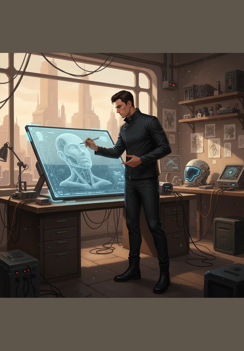 Lex strips away all unnecessary elements, leaving only the bold, clean silhouette of the logo. The simplicity of the mark stands in stark contrast to the cluttered world outside his window.