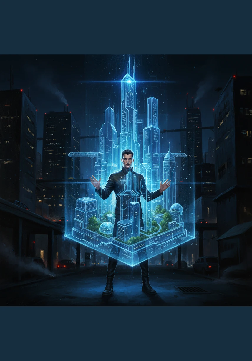 He projects the finished LX monogram onto a massive dark wall in the heart of the city. Its vibrant green hue commands attention, cutting through the darkness with sleek elegance.