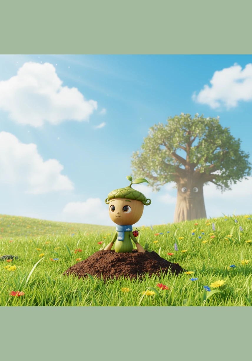 In the heart of a sun-drenched meadow, a tiny sapling named Pip poked his head through the soft earth. He looked up at the vast blue sky, dreaming of the day he would finally be tall enough to touch the fluffy white clouds.