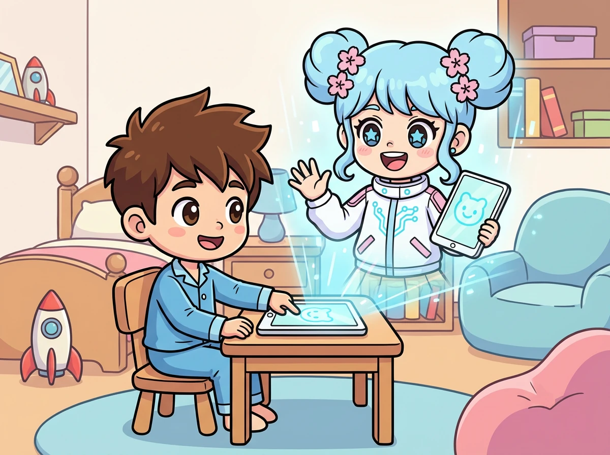 ある日、少年ケンタは新しいAIアシスタント、ユメを起動しました。画面に現れたユメは、明るい笑顔で「こんにちは、ケンタ！何でも聞いてね！」と挨拶しました。