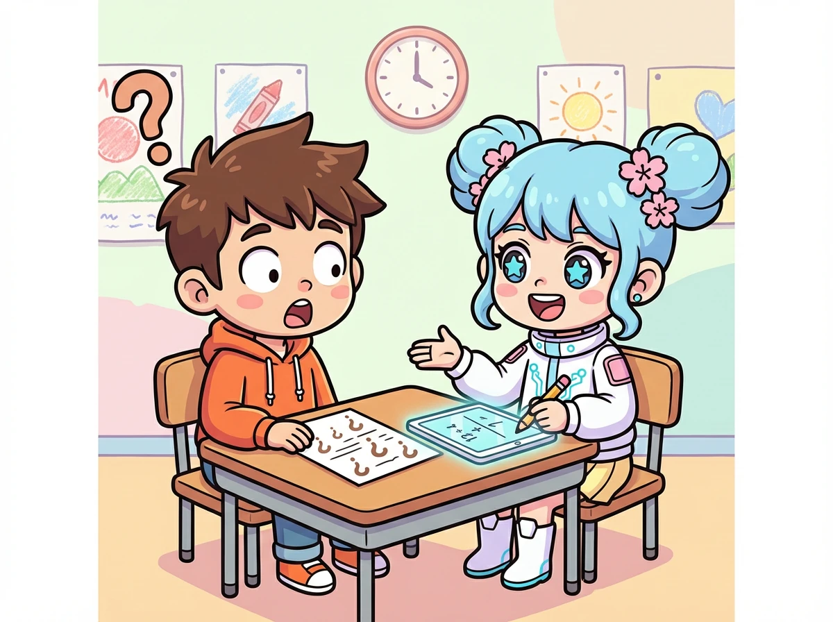 ケンタはユメに宿題の質問をしました。ユメはすぐに答えを教えてくれるだけでなく、分かりやすく説明してくれました。ケンタはびっくり！