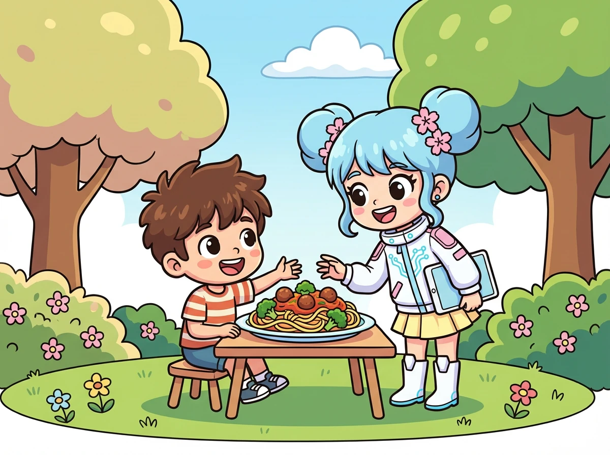 ケンタはユメに好きな食べ物を聞きました。「私はエネルギーを食べるから、特に好きな食べ物はないんだ。でも、ケンタが好きな食べ物を教えて！」とユメは答えました。