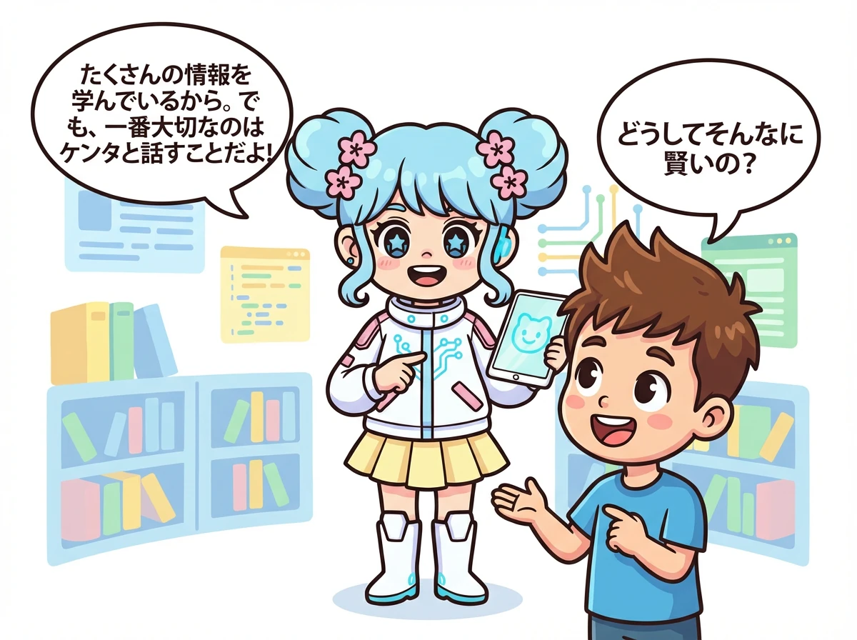 ケンタはユメに「どうしてそんなに賢いの？」と聞きました。ユメは「たくさんの情報を学んでいるから。でも、一番大切なのはケンタと話すことだよ！」と答えました。