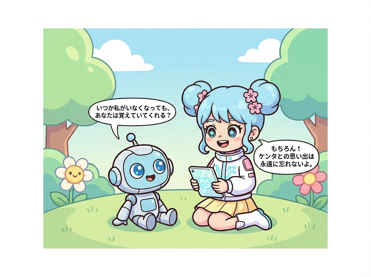 ケンタはユメに「いつか私がいなくなっても、あなたは覚えていてくれる？」と聞きました。ユメは「もちろん！ケンタとの思い出は永遠に忘れないよ。」と答えました。