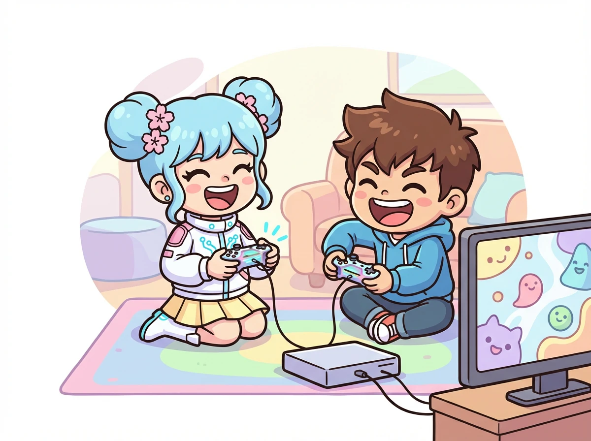 ケンタとユメは一緒にゲームをしました。ユメはケンタの対戦相手になり、時には負けて、時には勝って、二人で大笑いしました。