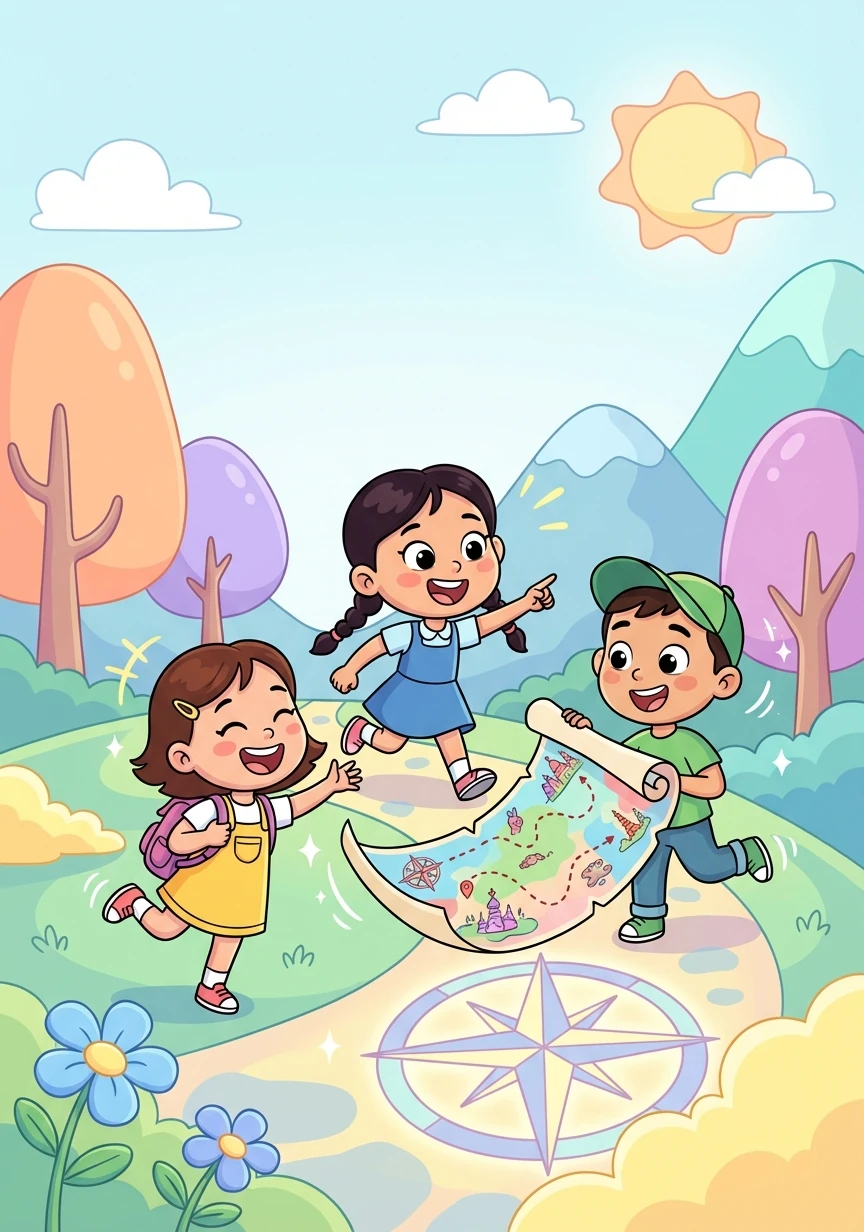 Алтынай позвала своих лучших друзей, Азамата и Даригу, и они вместе отправились в увлекательное путешествие по карте.