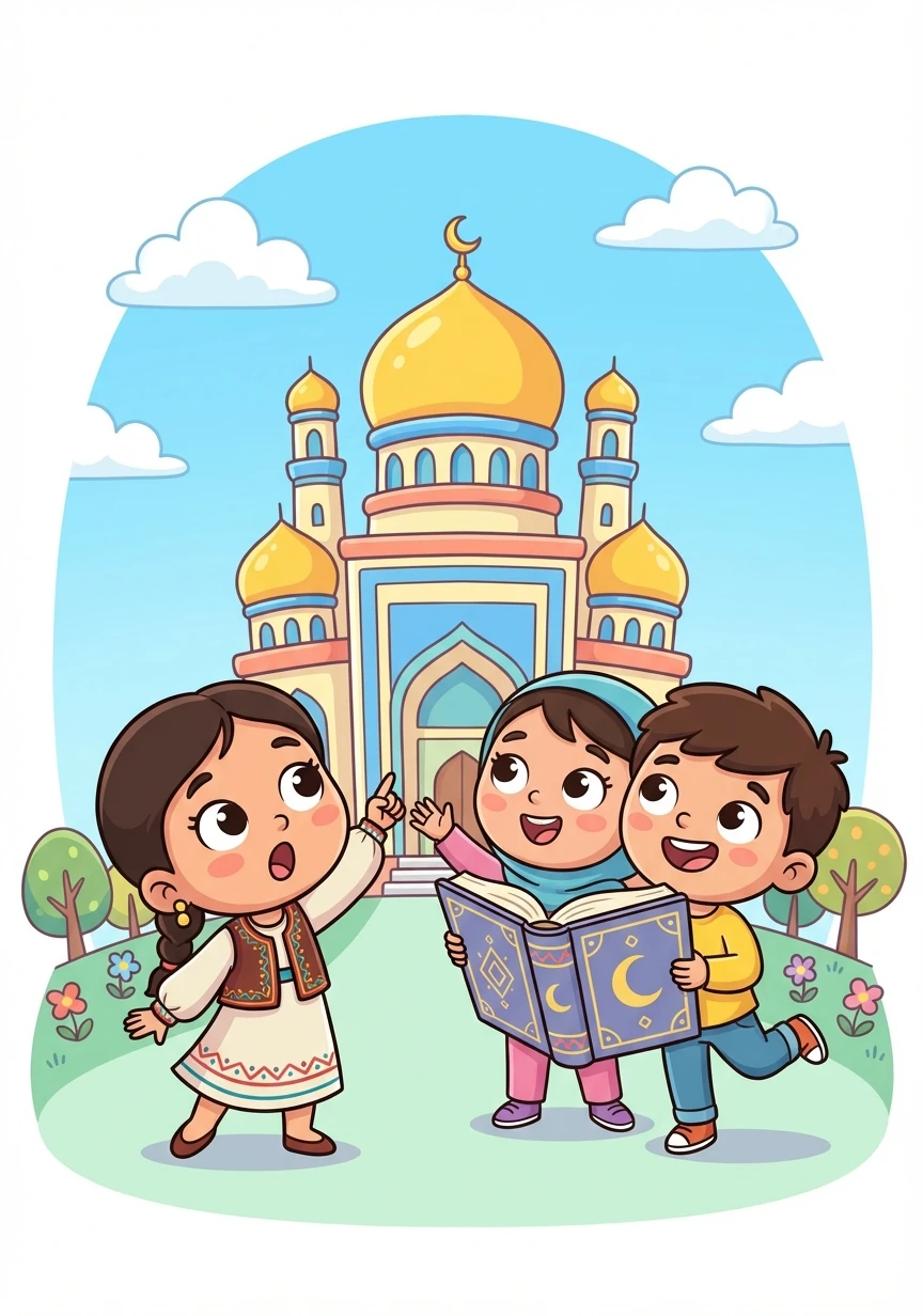 Затем они отправились к мечети Нур Гасыр, где восхитились её красотой и величием. Алтынай и её друзья узнали о культуре и традициях своего народа.