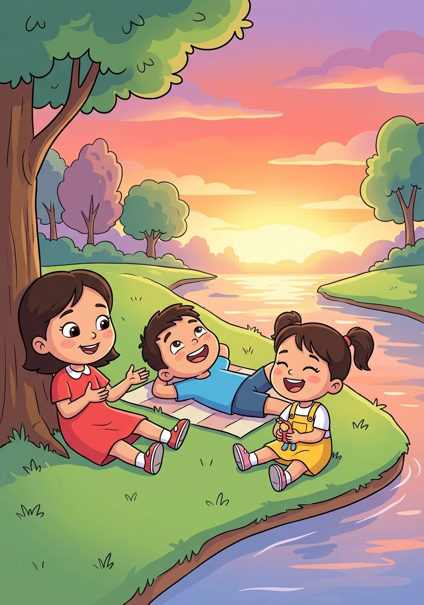 Уставшие, но довольные, Алтынай, Азамат и Дарига решили отдохнуть на берегу реки Илек. Они любовались закатом и делились впечатлениями о прошедшем дне.