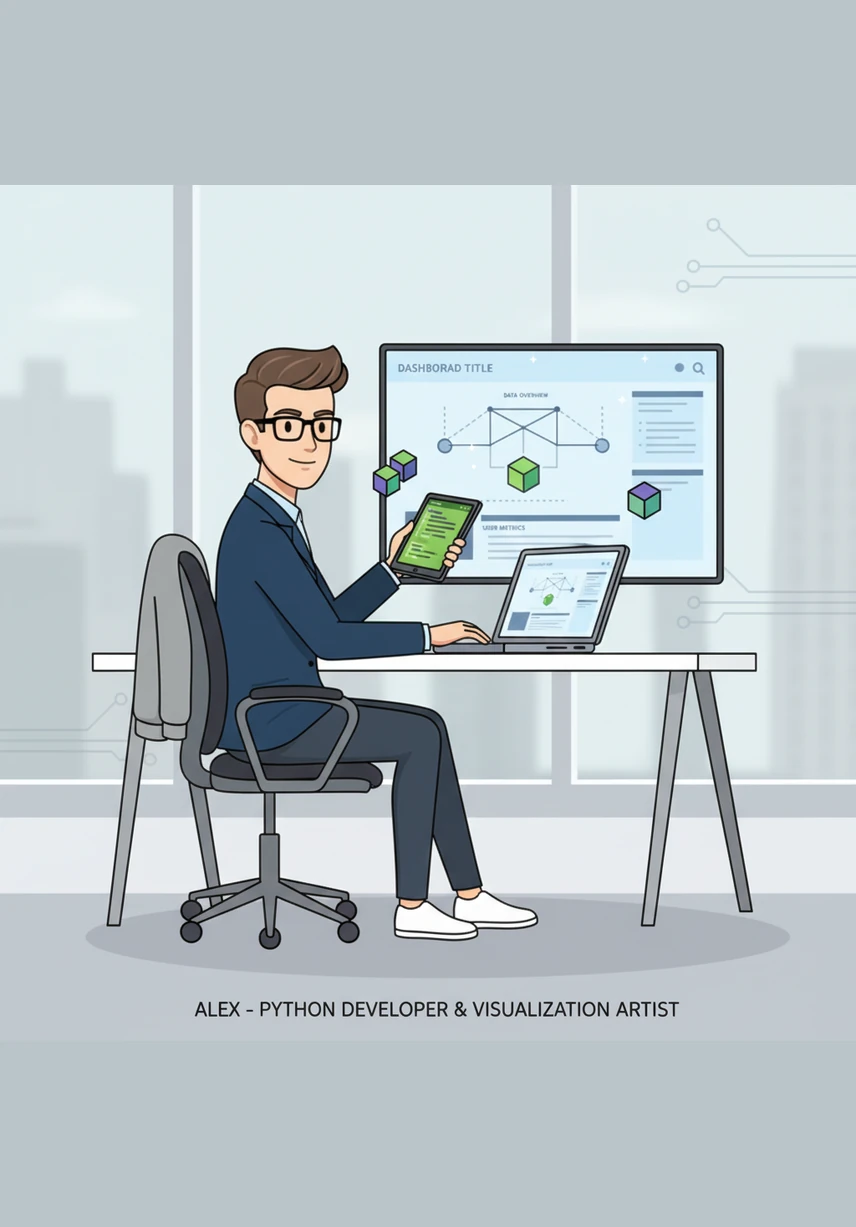 He begins his work by drafting a clean UI design on his large monitor, using Tailwind CSS to craft a minimalist aesthetic. The interface glows with soft whites and professional blues, prioritizing ease of navigation and visual clarity. Every button and menu is placed with careful intention to ensure a seamless and modern user experience.