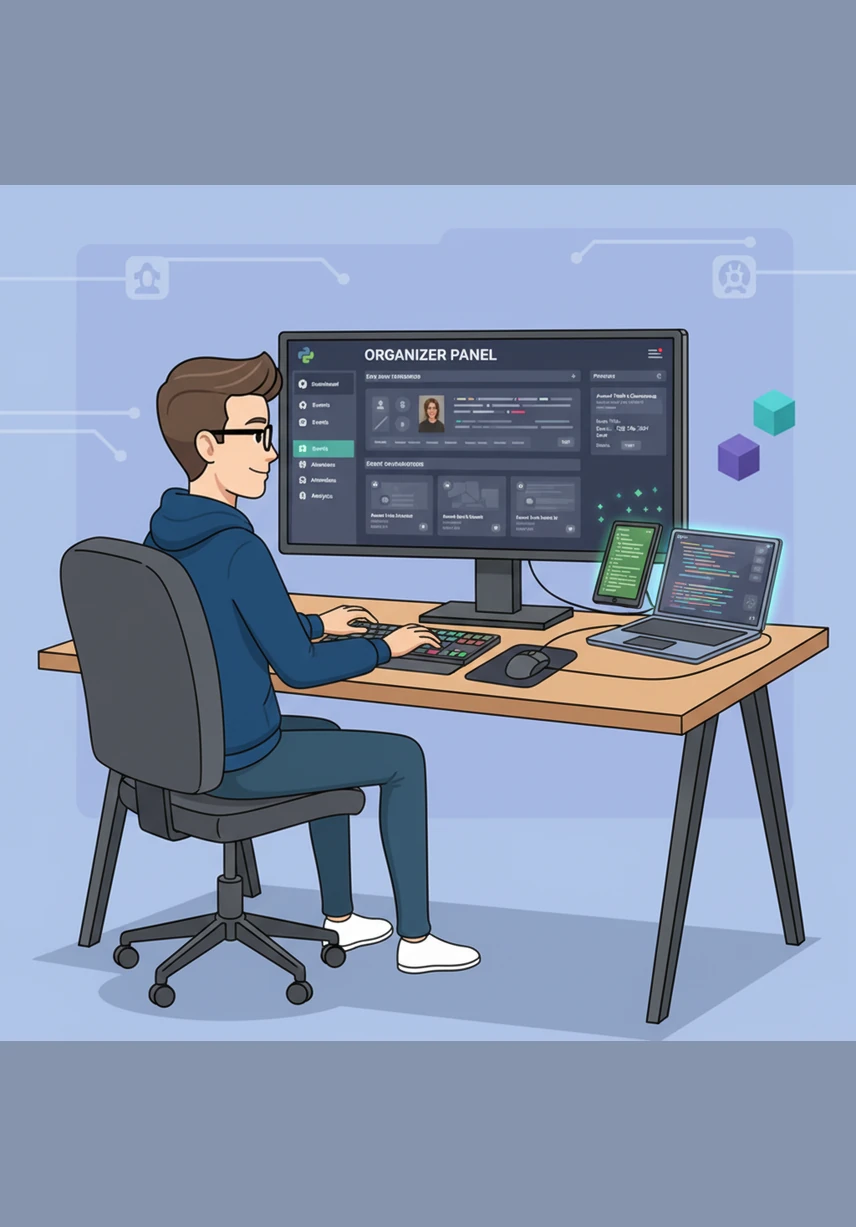 Alex builds the Organizer Panel, a dedicated space where creators can easily manage their events and reach their audience. He types out the code for a simple form that captures names, times, and locations with effortless precision. The back-end logic begins to hum as the first test data is stored securely in the database.