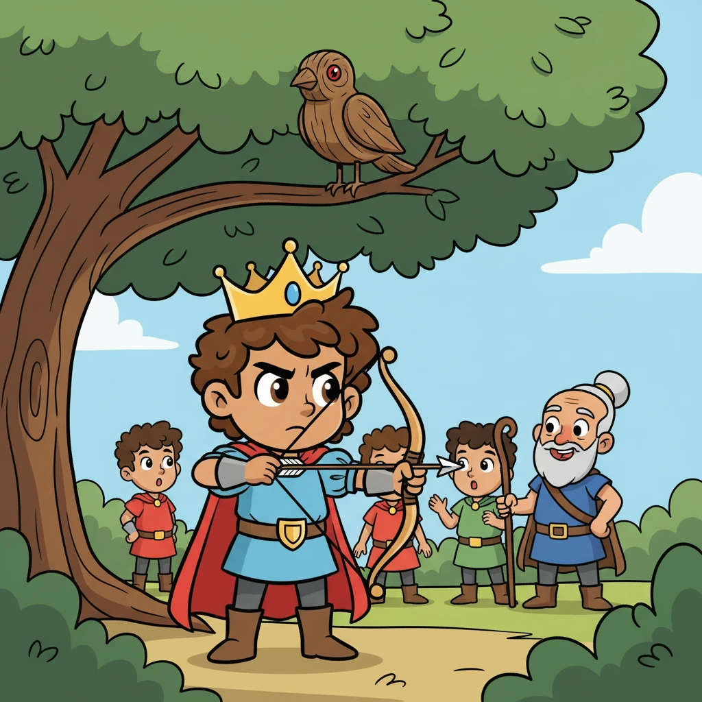 Guru Drona, their teacher, set a challenge: to shoot the eye of a wooden bird. Each brother aimed, but when Arjuna's turn came, he saw only the bird's eye. With a focused breath, he released his arrow, hitting the target perfectly!