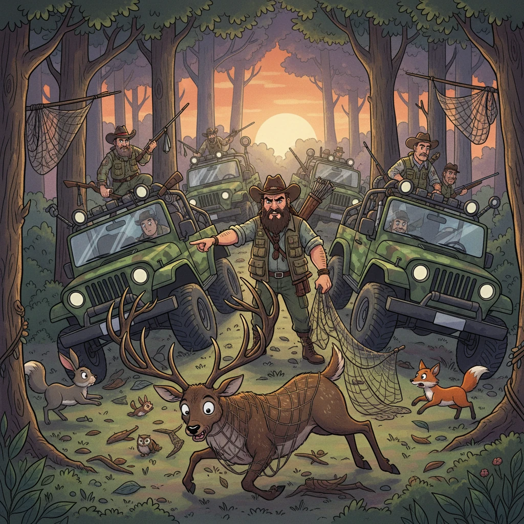 Jeeps and guns invaded the peaceful forest, disturbing the wildlife. Hunters, led by the ruthless Narsimha, spread their nets. A majestic Stag deer was captured, its eyes filled with fear as it struggled against the mesh.