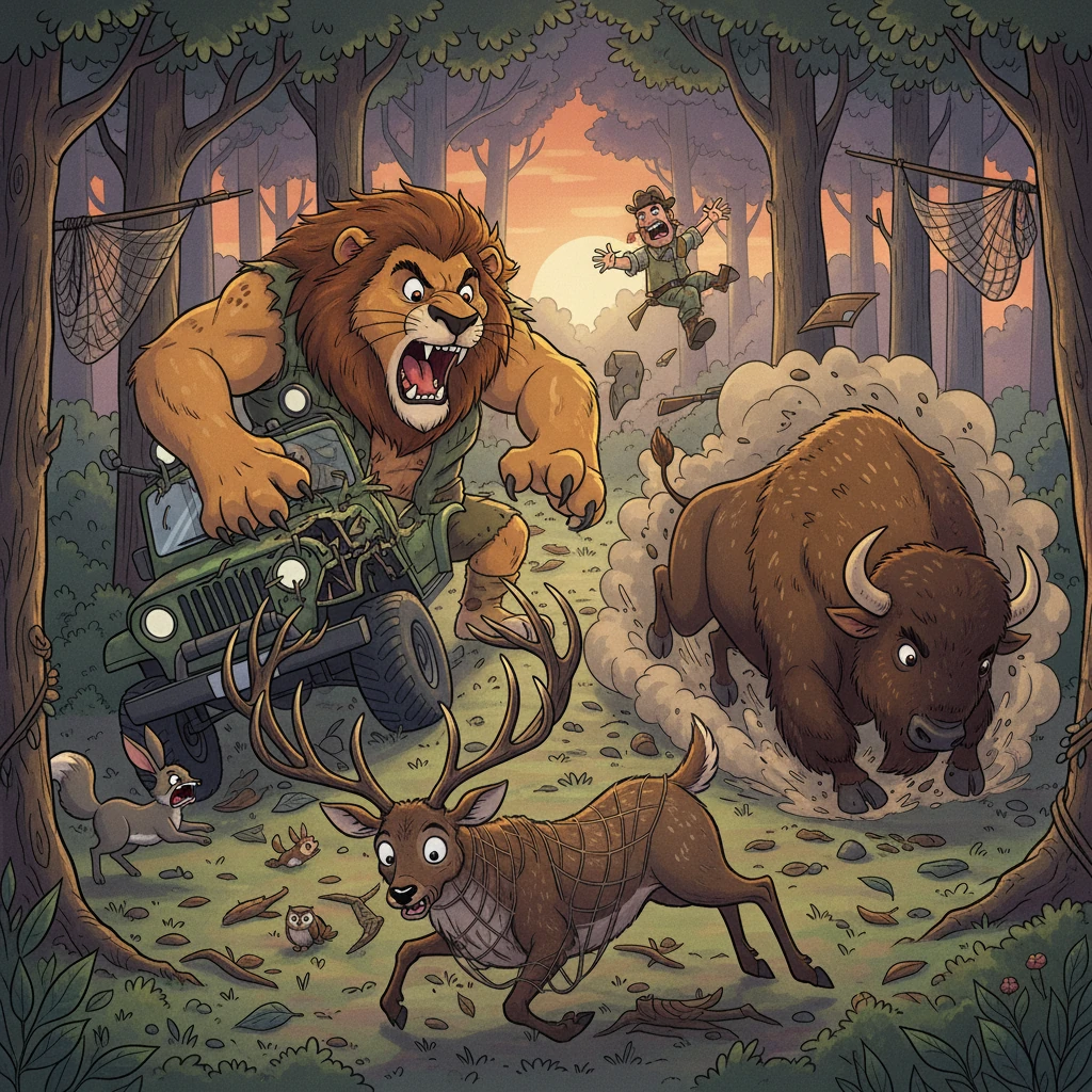 Suddenly, Singha, the lion, erupted from the trees, a roar shaking the ground. He lunged at one jeep, his powerful claws tearing through the metal. Simultaneously, an American Bison charged another jeep, overturning it in a cloud of dust.