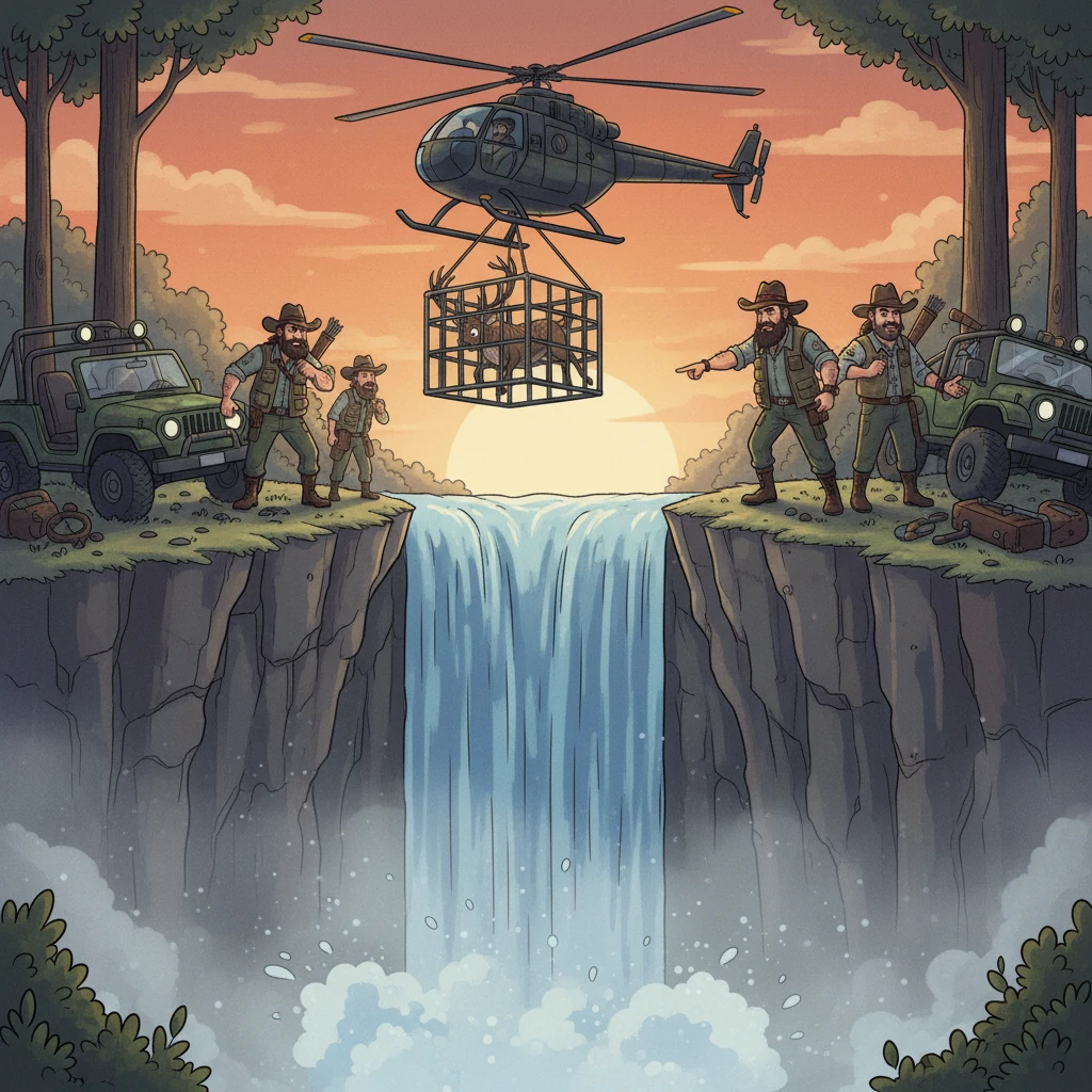 The hunters, panicked, retreated, leaving behind the wreckage. They gathered at a cliff overlooking a roaring waterfall, where Narsimha's helicopter appeared. The captured Stag deer was now in a cage.