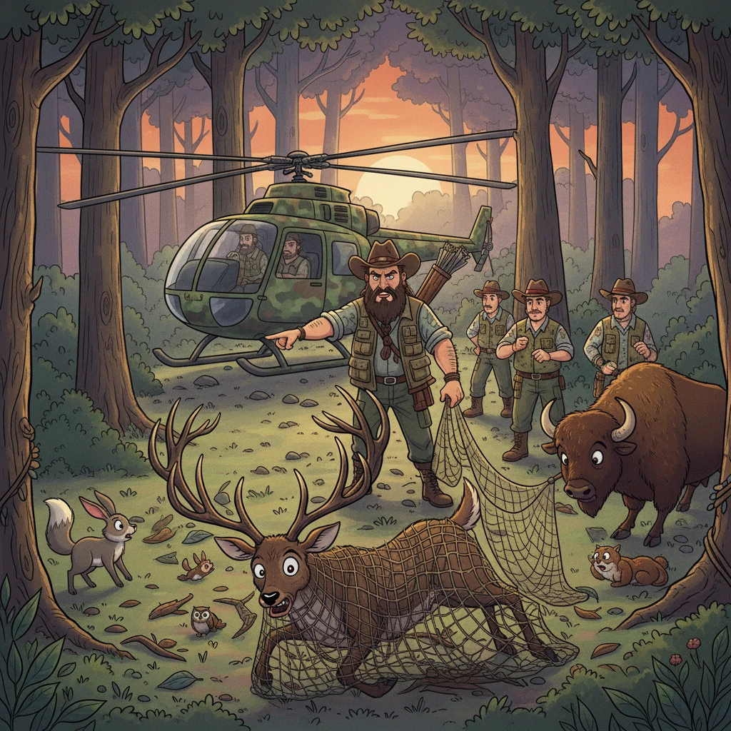 Narsimha landed his helicopter, meeting his frightened hunters. Singha, caught in the net, watched as Narsimha taunted him, boasting about his plans. The Stag deer and Bison observed from a distance, helpless.