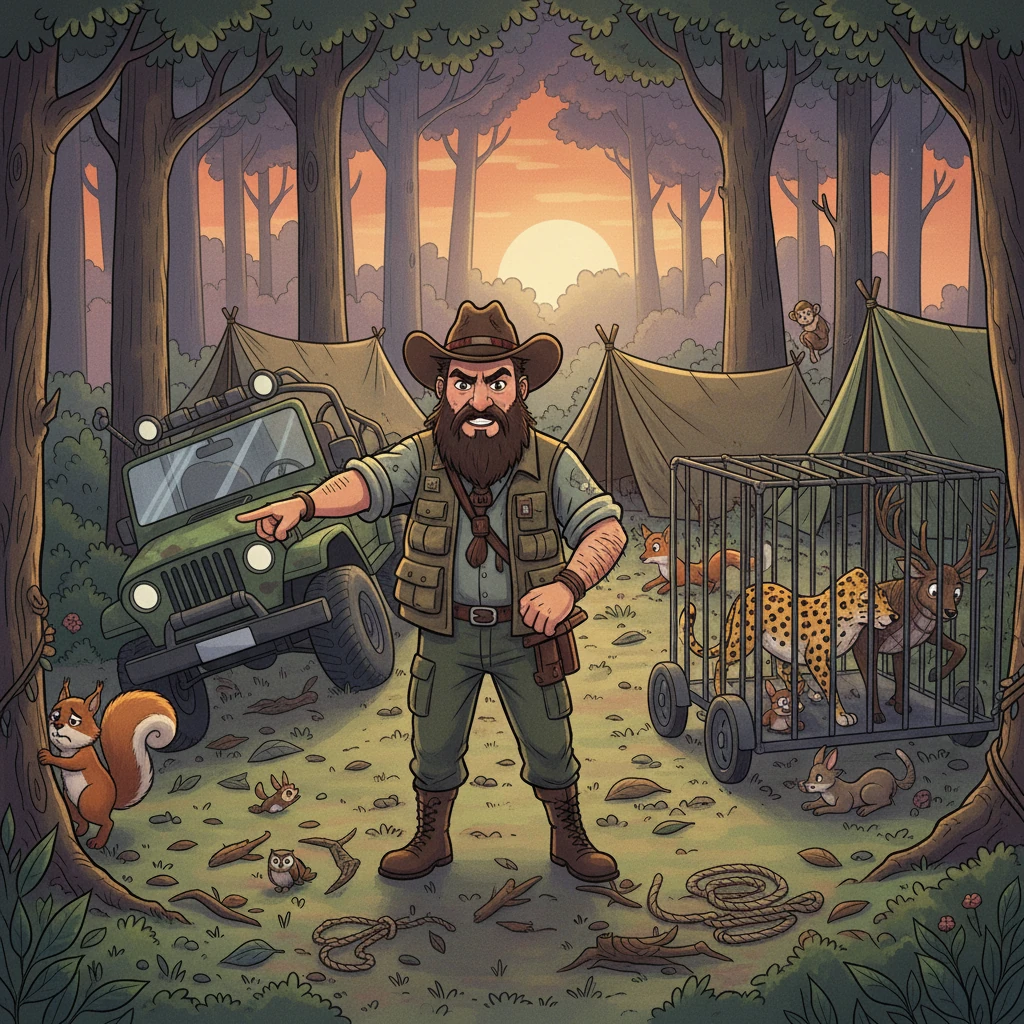 Narsimha and his men set up camp, their tents a blatant display of their dominance. A cage trailer arrived, filled with captured animals: a leopard, monkeys, deer, and coyotes. Singha, trapped, could only watch as his forest was further violated.