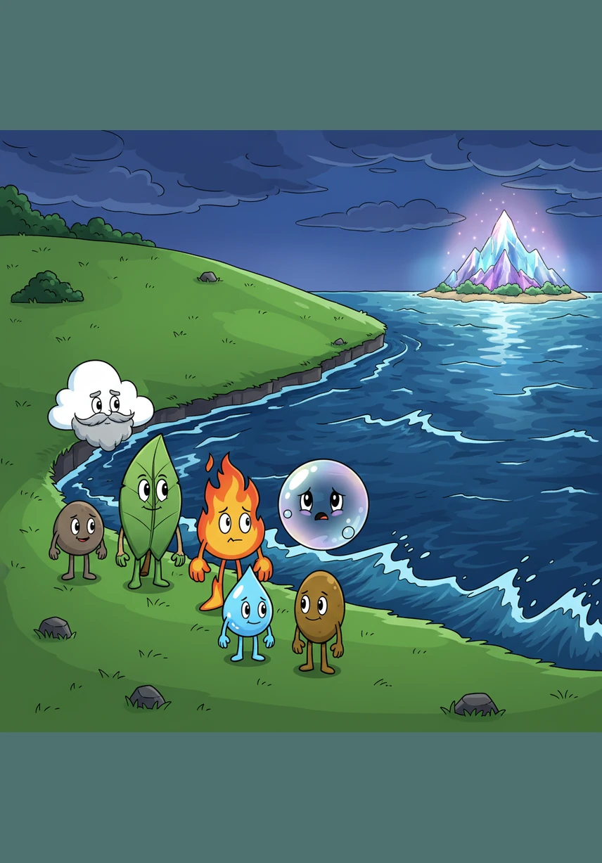 A group of colorful, sentient objects stands at the edge of a vast green field, their faces filled with excitement and determination. Firey, a flickering orange flame with a bold personality, stands at the center, ready for the adventure of a lifetime.