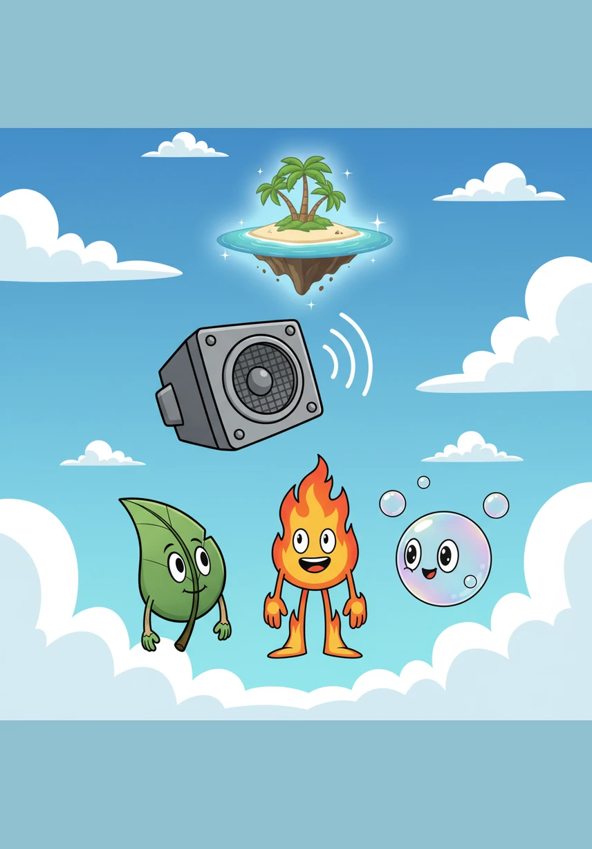 A mysterious, floating grey speaker box descends from the sky to announce the grand prize for the competition. High in the distance, a shimmering tropical island floats in the clouds, promising luxury and peace to whoever can claim it.