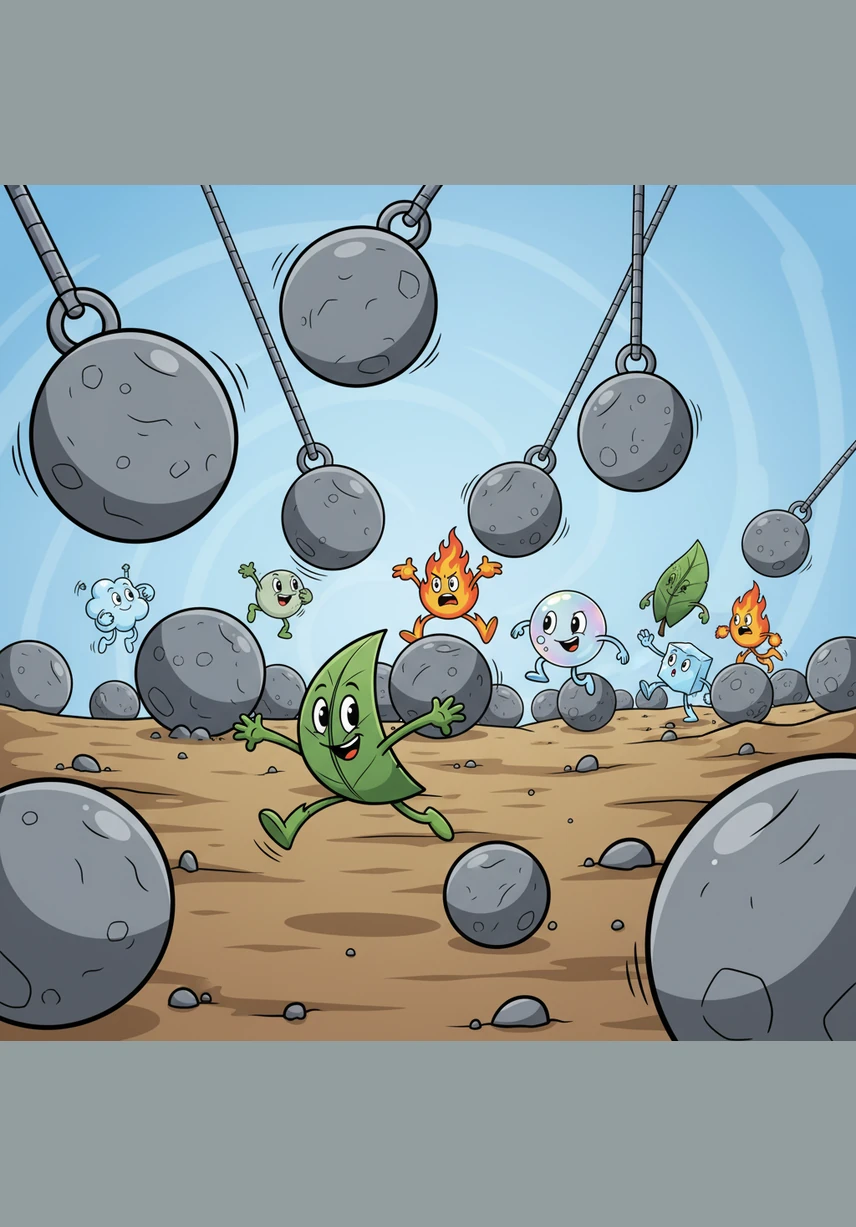 The first challenge begins as the contestants dash across a landscape filled with giant rolling boulders and swinging pendulums. Leafy, a kind-hearted green leaf, maneuvers gracefully through the obstacles while others scramble to keep their balance.