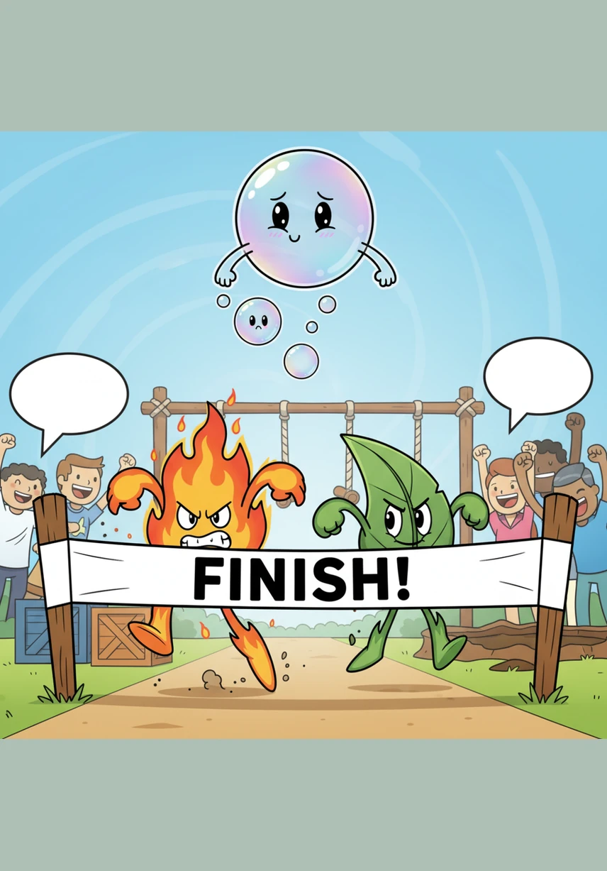 Firey finds himself near the finish line, but he notices a fellow contestant struggling to climb the final ledge. He pauses for a heartbeat, weighing his desire for the island against the importance of helping a teammate.