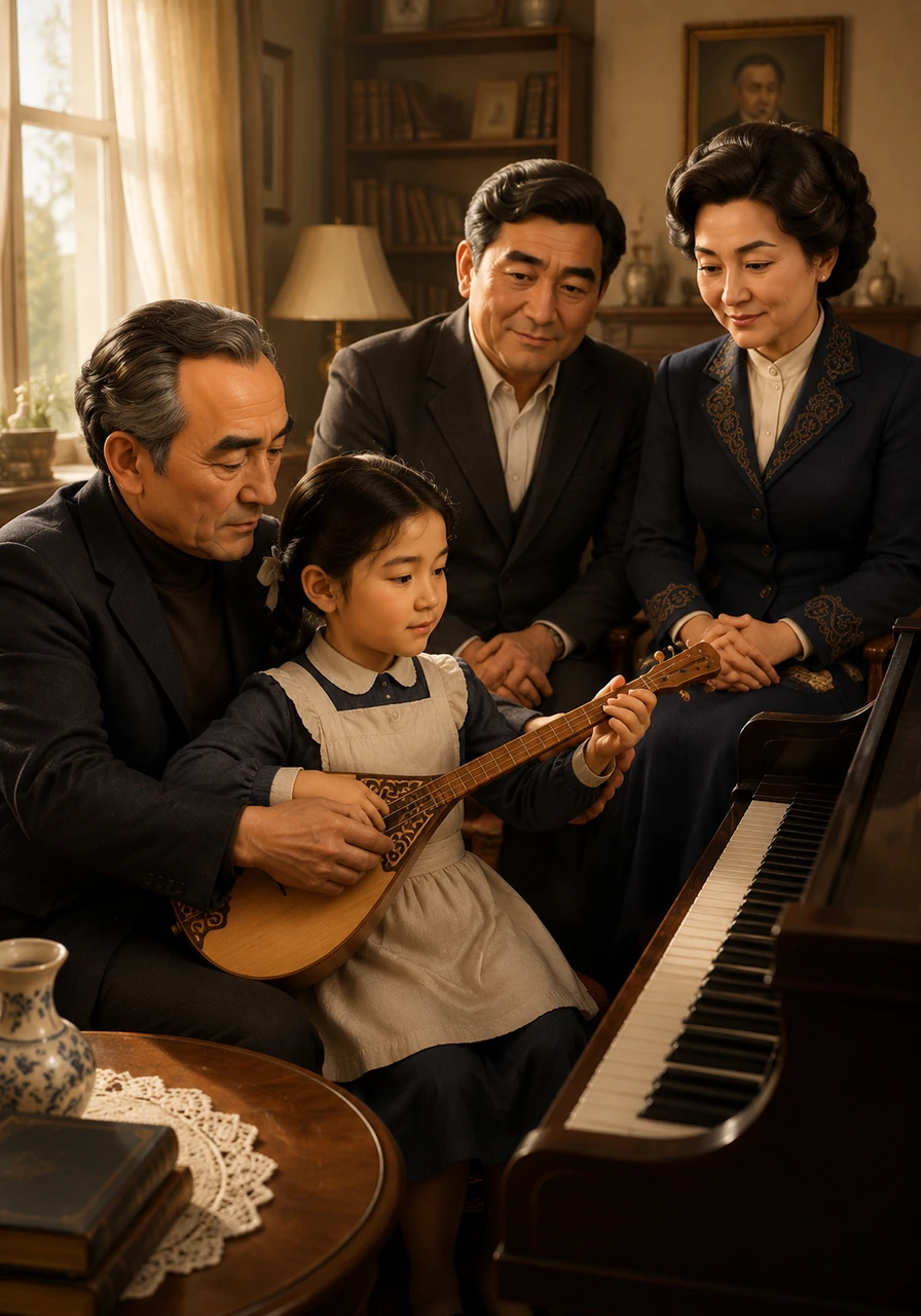Born in 1927, young Gaziza grows up in a home filled with the rich resonance of the dombra and the elegant keys of the piano. Her father, the legendary Akhmet Zhubanov, guides her small hands as intellectual giants like Mukhtar Auezov and Kulyash Baiseitova fill the room with stories and songs. This nurturing environment plants the seeds of a lifelong devotion to music.