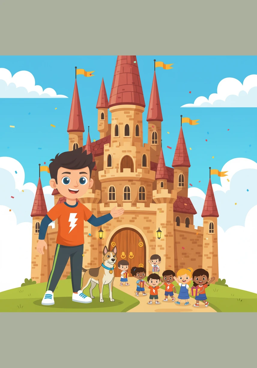 Joshua en sy getroue swart hond, Bella, woon in 'n reuse, pragtige kasteel met hoë torings wat tot in die wolke reik. Vandag is 'n baie spesiale dag, want al hul maats kom kuier vir 'n groot partytjie.