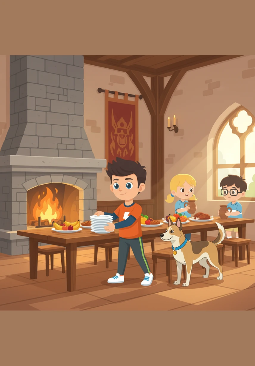 Hulle begin die oggend in die kasteel se groot braaikamer, waar die vuur reeds vrolik in die kaggel knal. Joshua help om die tafels reg te kry terwyl Bella opgewonde rondstert en die heerlike kos ruik.