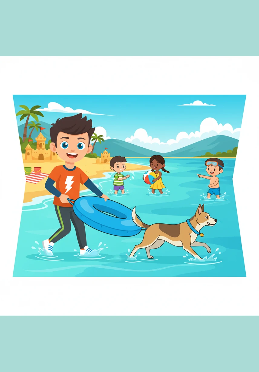 Na die ete hardloop almal buitentoe na die blinkblou swembad waar 'n enorme groen dinosourus-glyplank in die son staan en wag. Die lug is blou en die water lyk vreeslik aanloklik vir 'n warm middag.