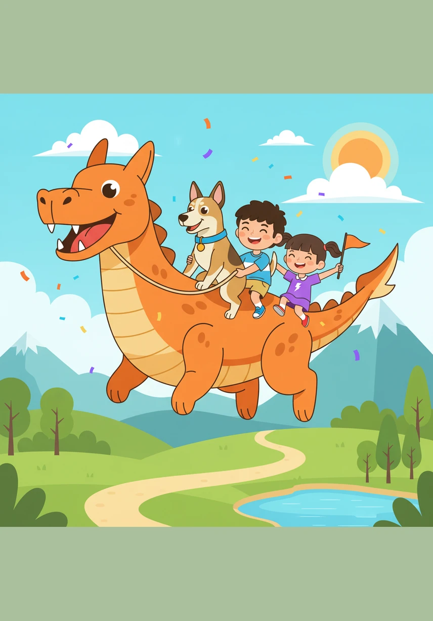 Een vir een begin die maatjies teen die dinosourus se rug opklim en met 'n groot gejuig teen sy lang nek afgly. Almal skree van plesier terwyl hulle met 'n reuse plons in die koel water beland.