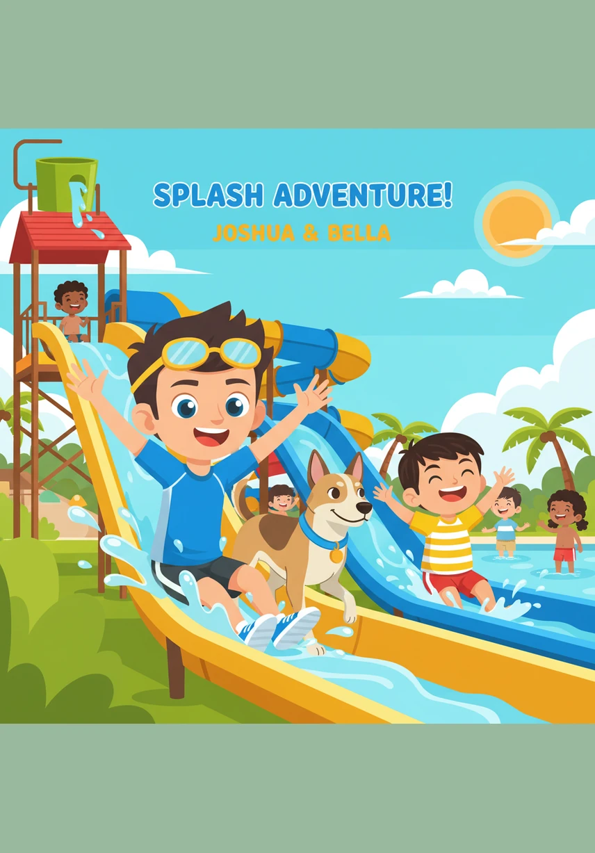 Nou is dit Joshua se beurt om die hoë trappe van die groen dinosourus te klim terwyl sy vriende hom van onder af aanmoedig. Hy gly blitsvinnig af en tref die water met so 'n groot plons dat almal natgespuit word.