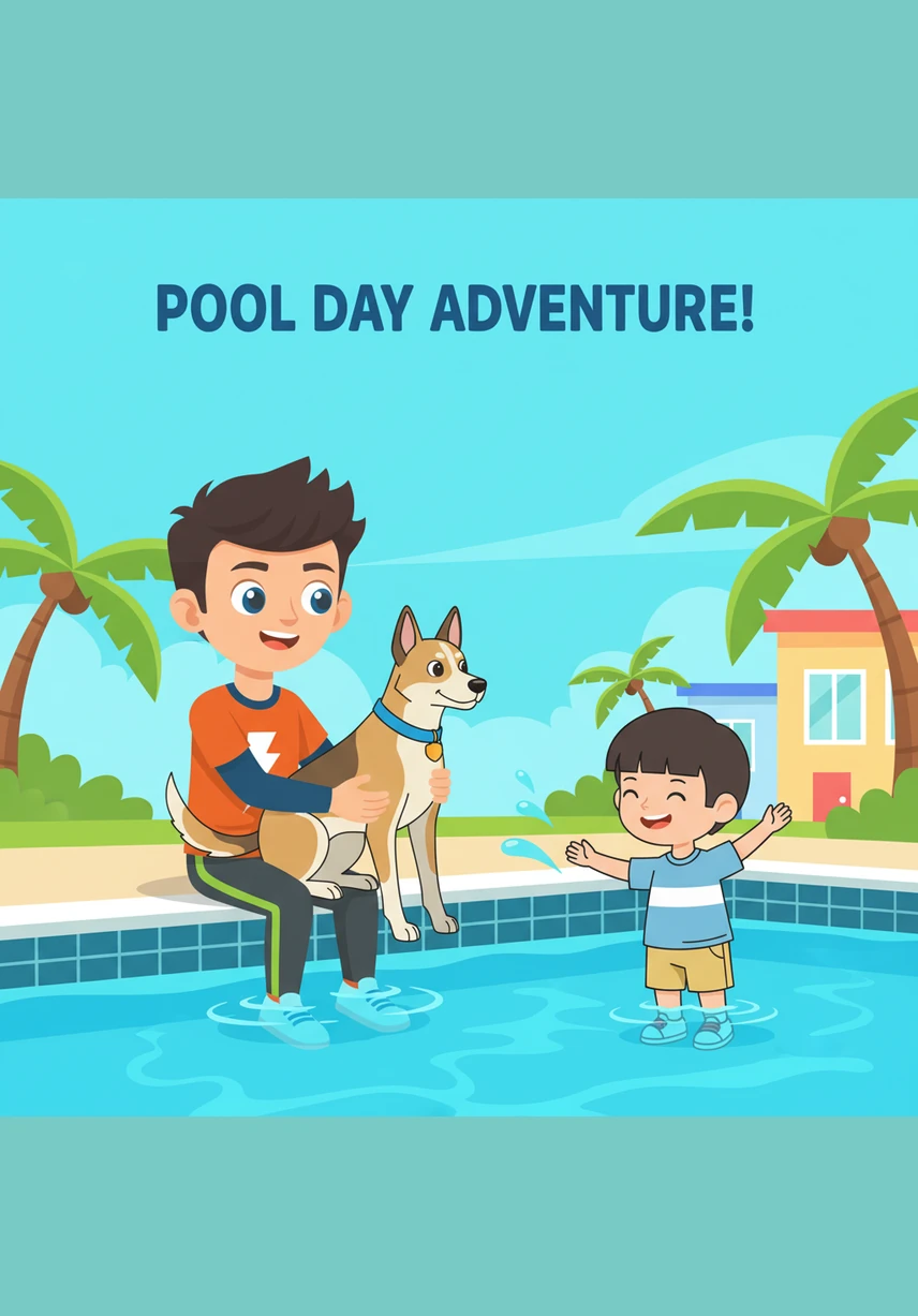 Selfs Bella, die dapper swart hond, kry 'n beurt op die glyplank terwyl Joshua haar veilig vashou. Met haar ore wat in die wind waai, gly sy grasieus af en beland poot-eerste in die swembad tot almal se vermaak.