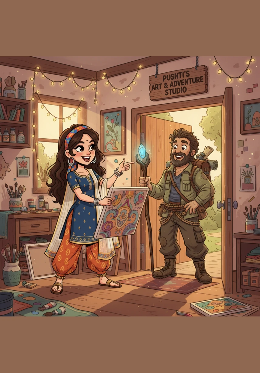 Pushti stood by the window of her sun-drenched art studio, sketching the bustling street below when a sudden downpour turned the city into a watercolor painting. Across the street, Reyansh ducked under a bright blue awning, shaking his drenched jacket and catching her eye with a playful, lopsided grin that made her heart skip a beat.