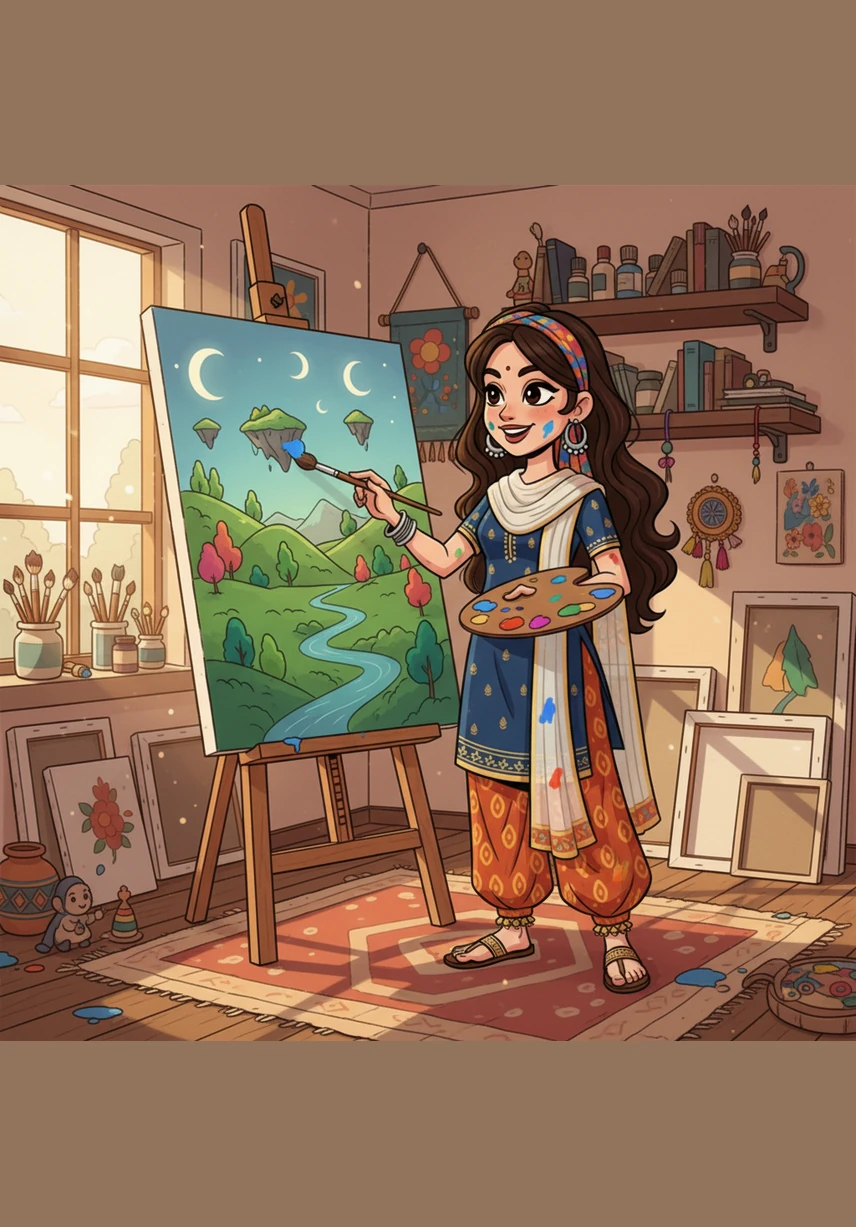 Weeks passed, and Pushti filled her studio with vibrant paintings of the mountains Reyansh described in his frequent, soulful letters. Each canvas was a love letter in shades of indigo and gold, capturing the longing she felt in every brushstroke.