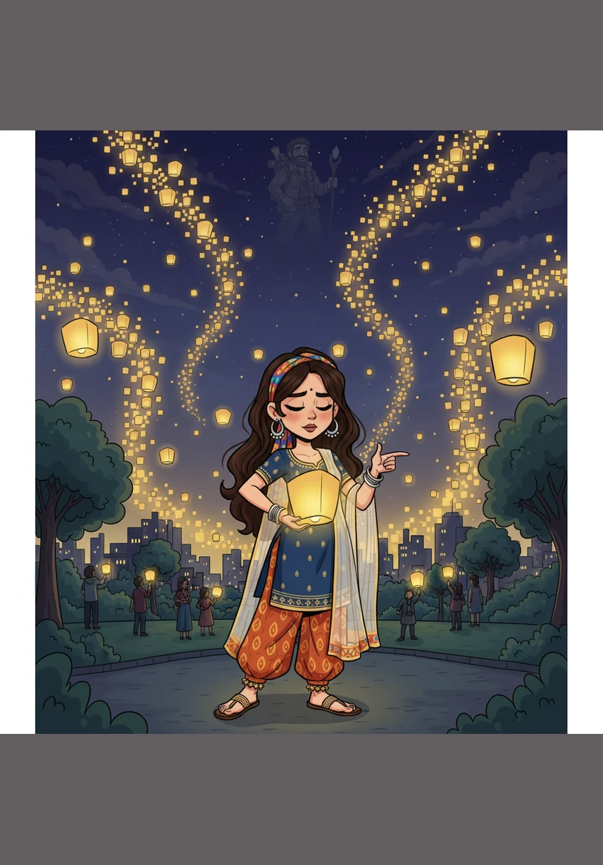 On the night of the Great Lantern Festival, Pushti walked through the park alone, surrounded by thousands of glowing lights floating toward the dark sky. She made a silent wish upon a golden lantern, hoping for his safe return and a future they could finally build together.