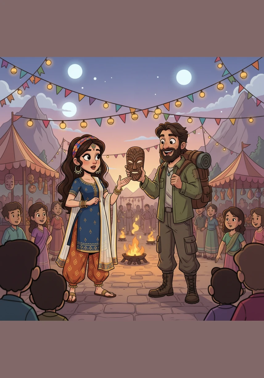 Suddenly, a familiar voice called her name through the rustling crowd, and she turned to see Reyansh standing there, travel-worn but beaming. He had traveled three days straight across difficult terrain just to make it back for the festival, proving that no distance could keep him from her.