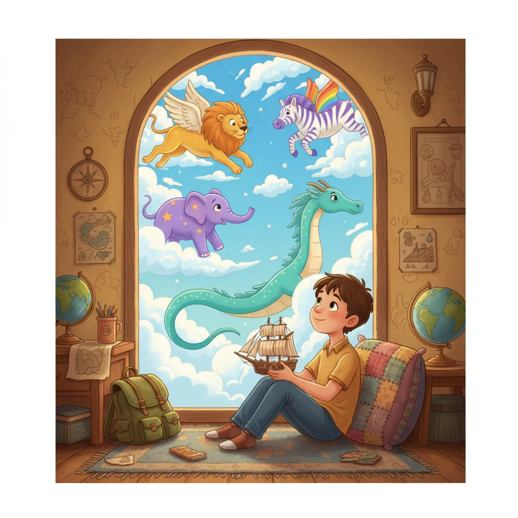 Еркін кішкентай ғана бөлмесінде армандап отырды. Терезеден сыртқа қарап, көк аспандағы бұлттарды түрлі-түсті жануарларға ұқсатты. Оның жүрегі алыс сапарға шығуды қалайтын.