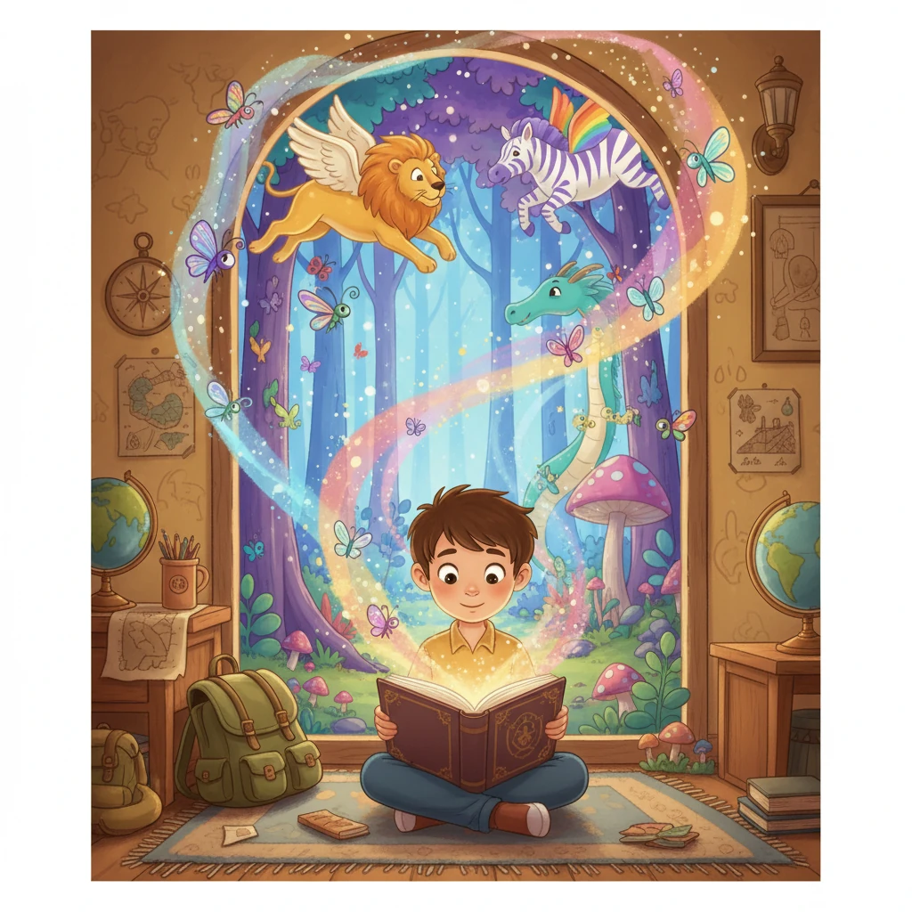 Бір күні Еркін сиқырлы кітап тауып алды. Кітап оған қиял әлеміне жол ашты, ол жерде түрлі-түсті жәндіктер мен сиқырлы ормандар бар еді.