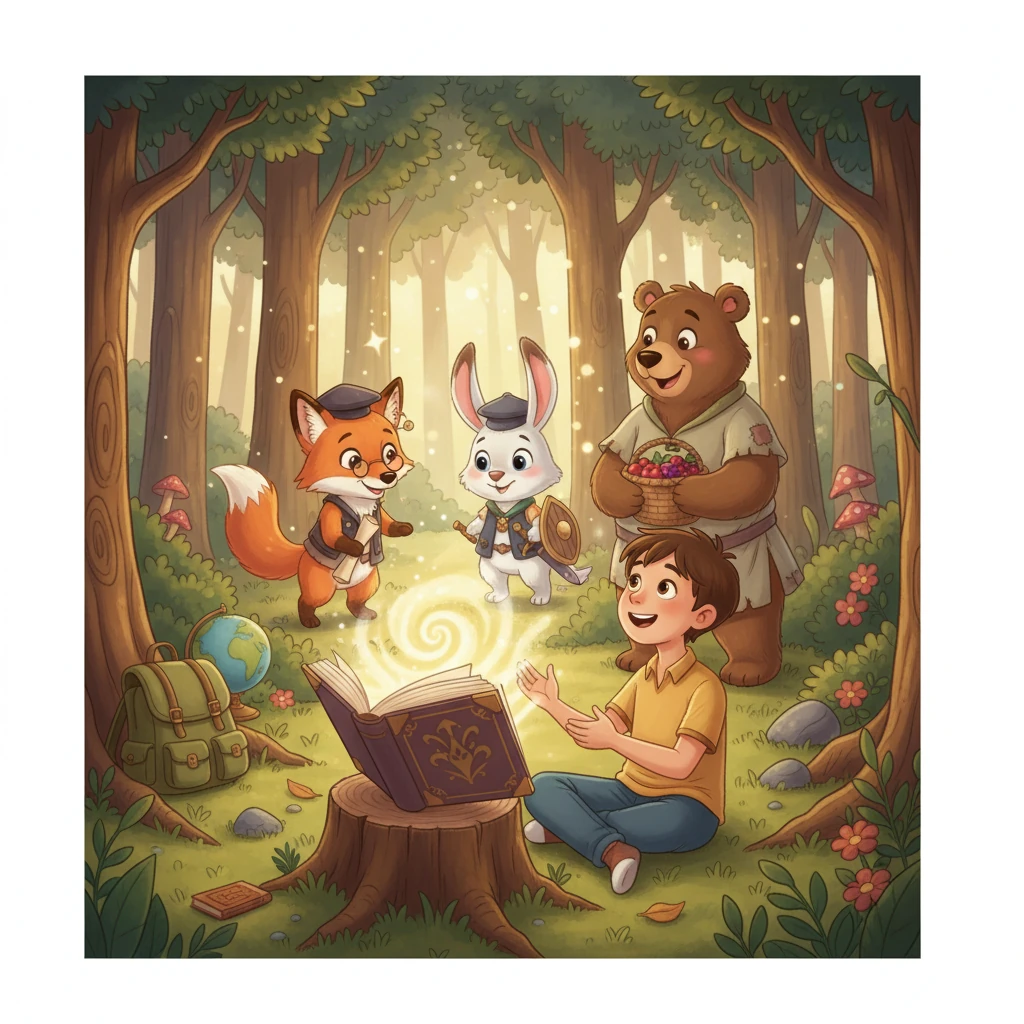 Еркін кітаптағы суреттерге қарап, өзінің жаңа достарымен кездесті. Олар: Ақылды түлкі, батыр қоян және мейірімді аю болатын.