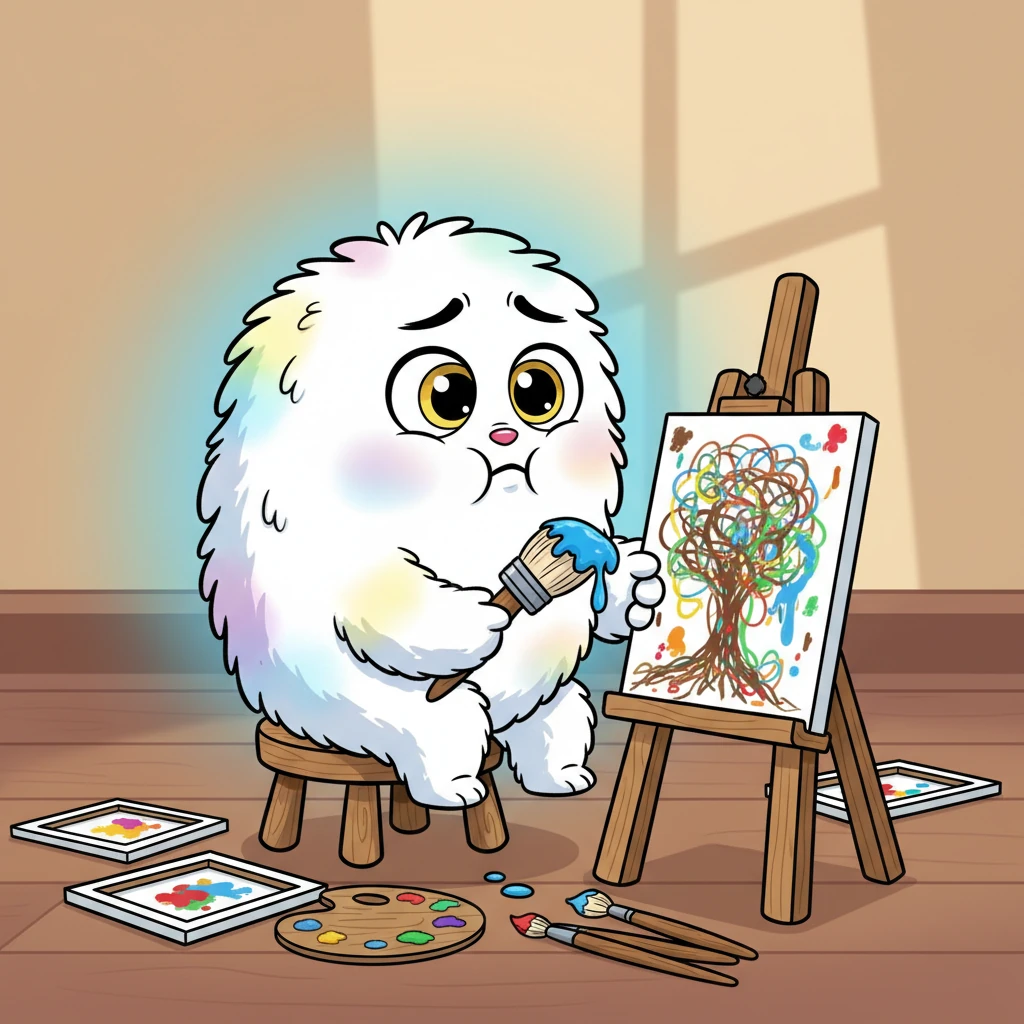 Doodle Dee, a fluffy, round creature with big, hopeful eyes, sat at a tiny easel. Around them were canvases filled with scribbles and blobs that vaguely resembled things but were unmistakably messy. Dee pouted, holding a brush dripping with paint, their brow furrowed in deep concentration and mild despair.