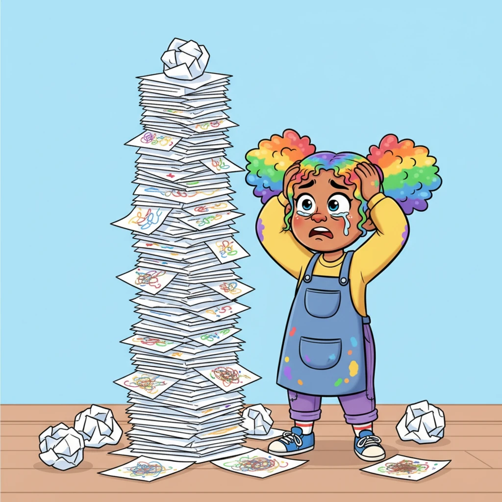 A towering, wobbly stack of crumpled papers and failed drawings loomed beside Doodle Dee. Each paper had a squiggly mess of lines and mismatched colors. Dee clutched their head dramatically, surrounded by the artistic chaos, a tiny tear welling in one eye.