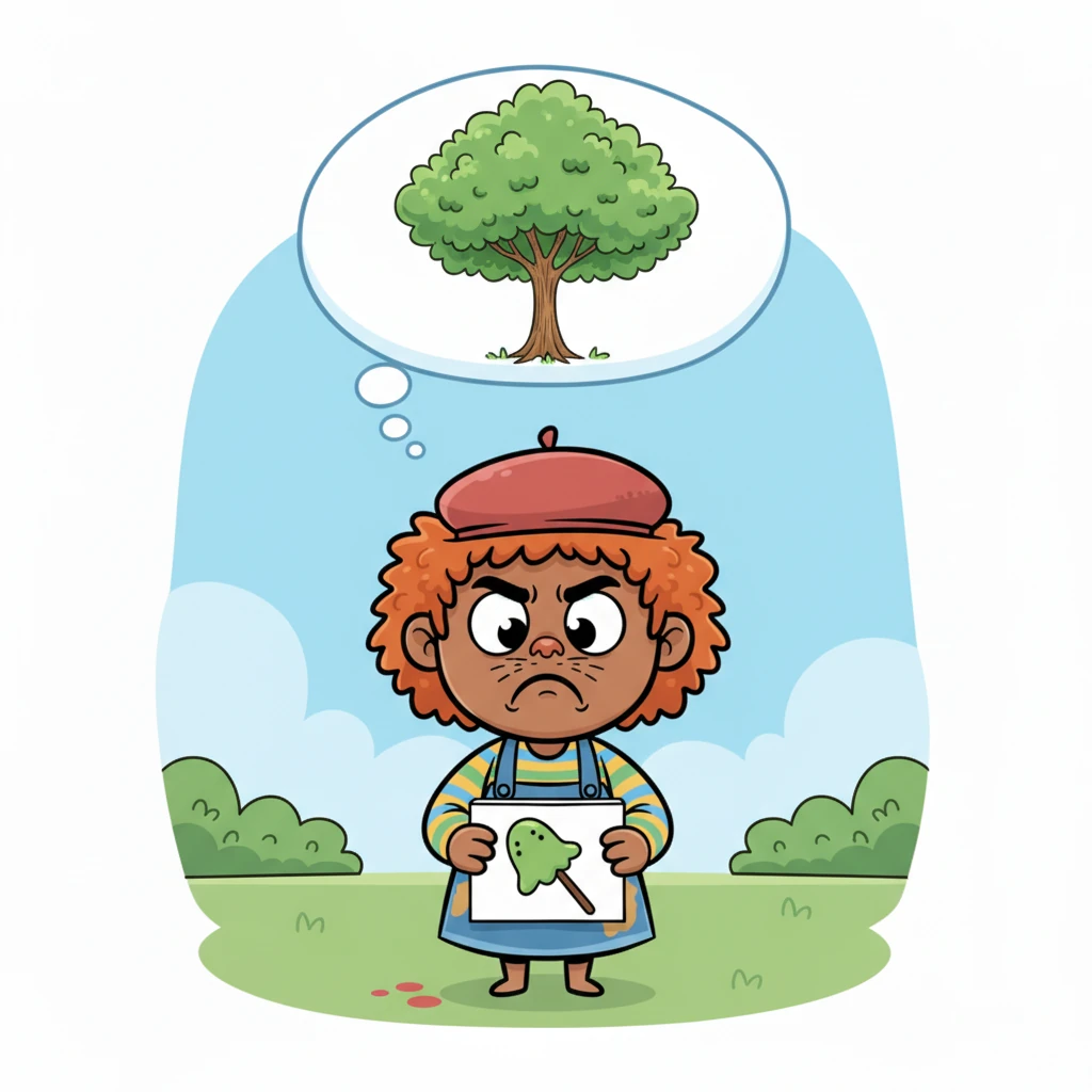 With a determined huff, Dee tried again, attempting to draw a majestic tree. The result was a lopsided green blob on a brown stick, looking more like a monster's lollipop. Dee's whiskers drooped, and a cartoon thought bubble above their head showed a perfectly drawn tree, contrasting sharply with their creation.