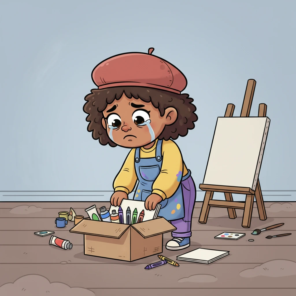 Dee sadly pushed their art supplies – colorful paints, chunky crayons, and a stack of clean paper – into a dusty box. Their shoulders slumped, and their ears drooped low. The once vibrant art corner now looked dull and abandoned, reflecting Dee's disappointment.