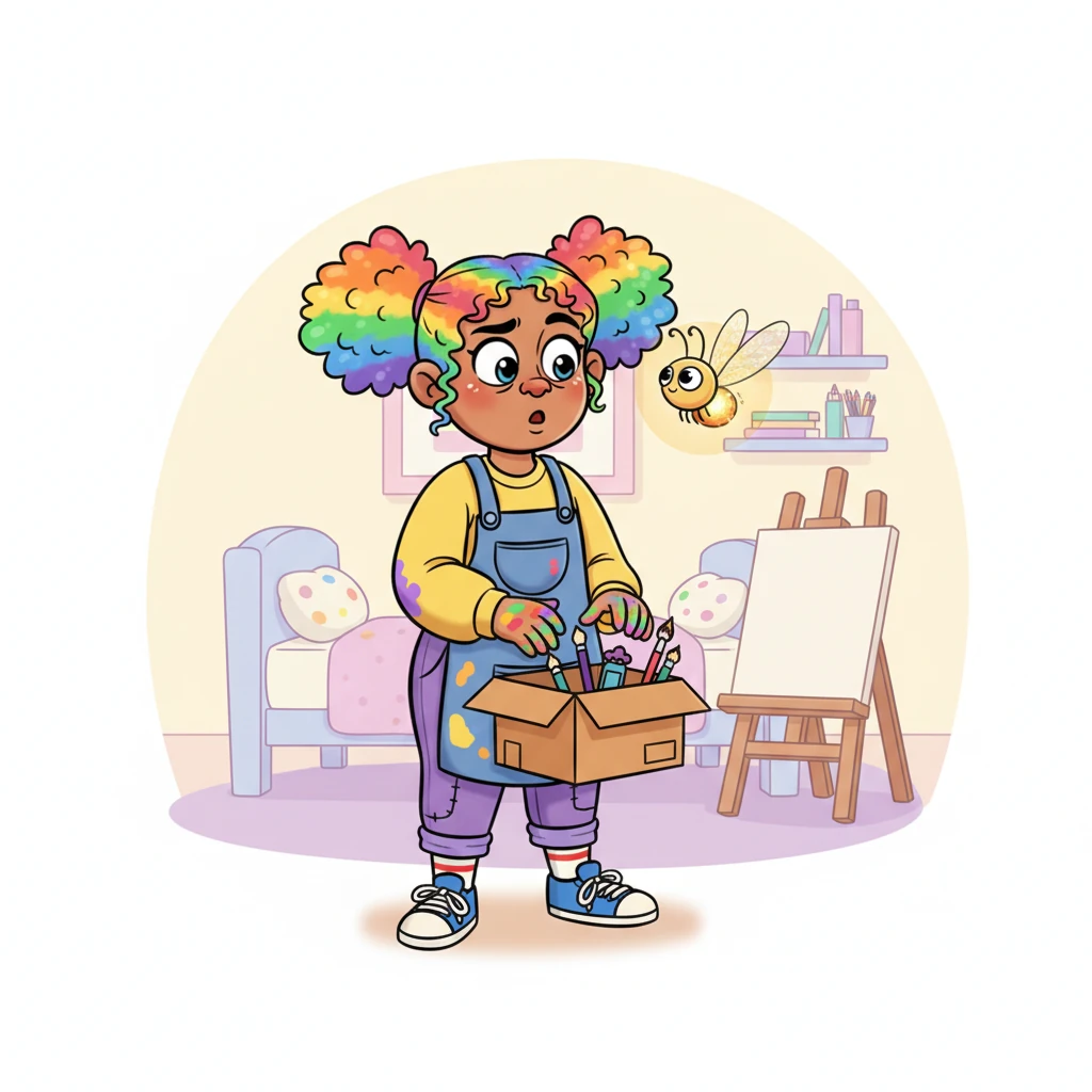 Just as Dee was about to close the box, a tiny, glowing firefly named Flicker zipped into the room. Flicker, with sparkly wings and big, curious eyes, hovered gently near Dee's nose, emitting a soft, comforting glow. Dee looked up, surprised by the sudden visitor.