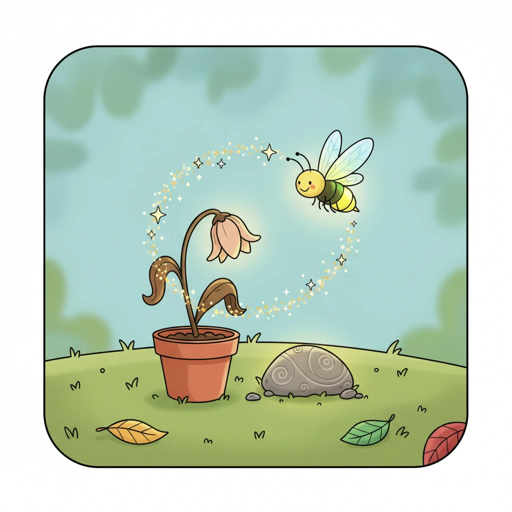 Flicker danced playfully around a wilting flower in a small pot, making its petals shimmer with light. The firefly then zips to a plain, grey pebble, illuminating its subtle patterns. Flicker seemed to be silently suggesting that beauty can be found in the simplest things, even without perfect lines.