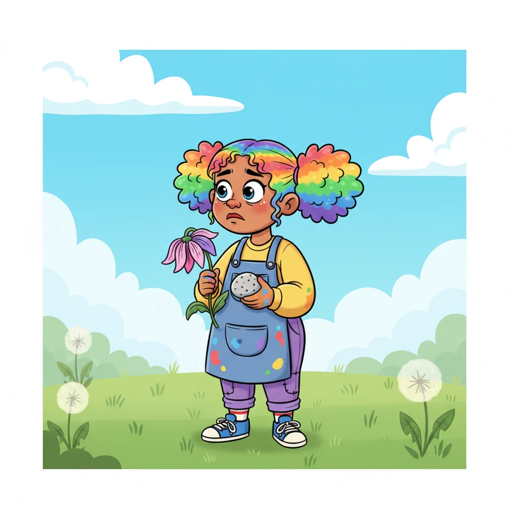 Doodle Dee, with wide, thoughtful eyes, picked up the wilting flower and the grey pebble. They observed the delicate veins on the petals and the tiny speckles on the stone, seeing them not as flaws but as unique details. A tiny spark of curiosity flickered in Dee's heart.