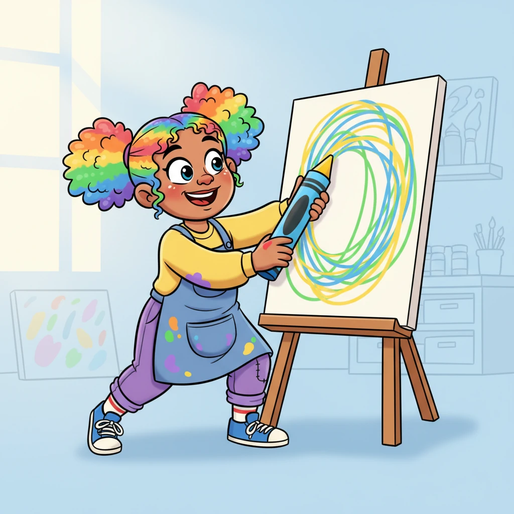 Inspired, Dee pulled out a giant, chunky crayon, not to draw a specific object, but to capture the vibrant feeling of the colors. They made sweeping, joyful strokes of bright yellow, sky blue, and grass green across a fresh page. The lines were free and expressive, full of newfound energy.