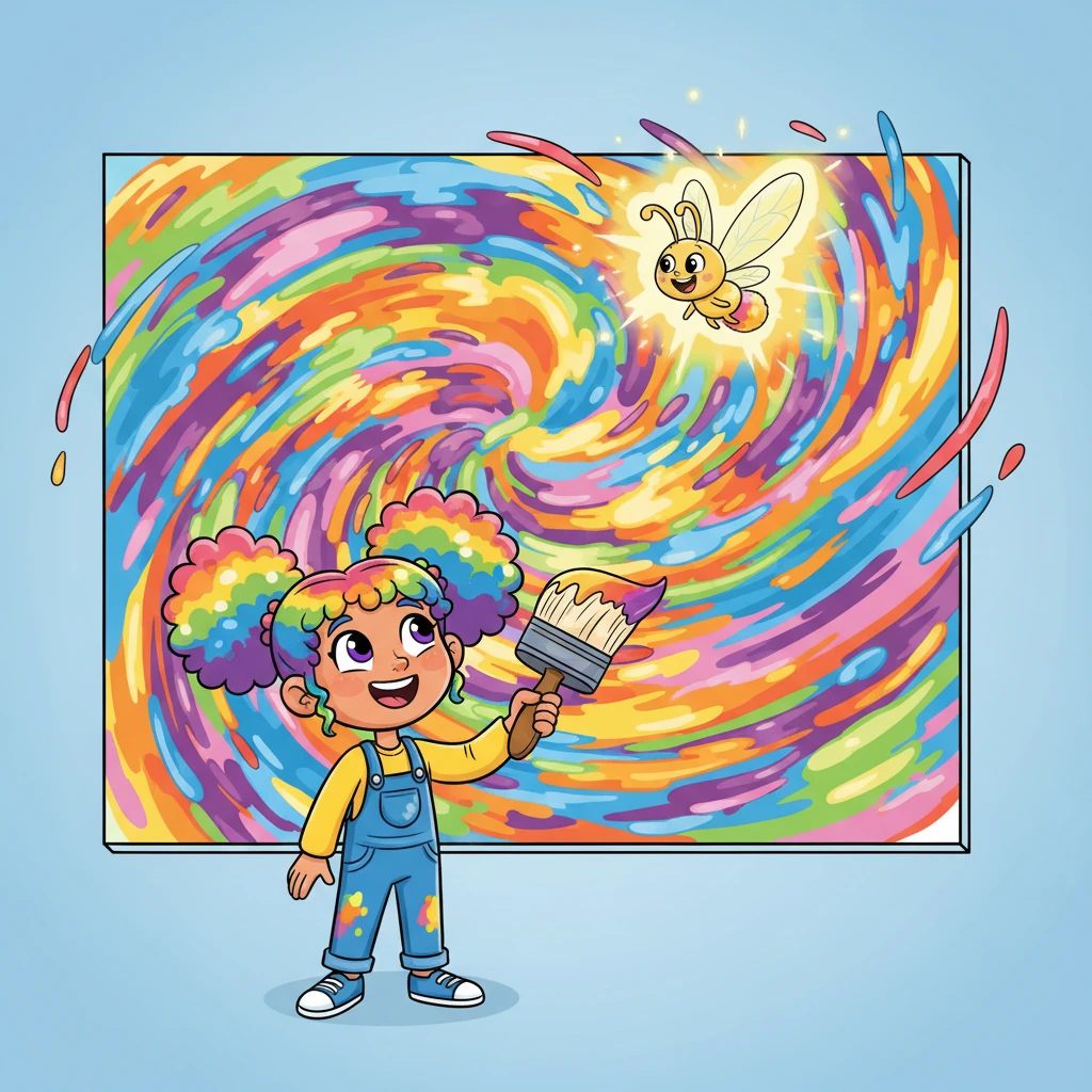 Dee's latest creation was a whirlwind of energetic, swirling colors and playful shapes. It doesn't look like anything in particular, but it radiates pure joy and movement. Flicker zips excitedly around the artwork, its light flashing in approval, making the colors seem even brighter.