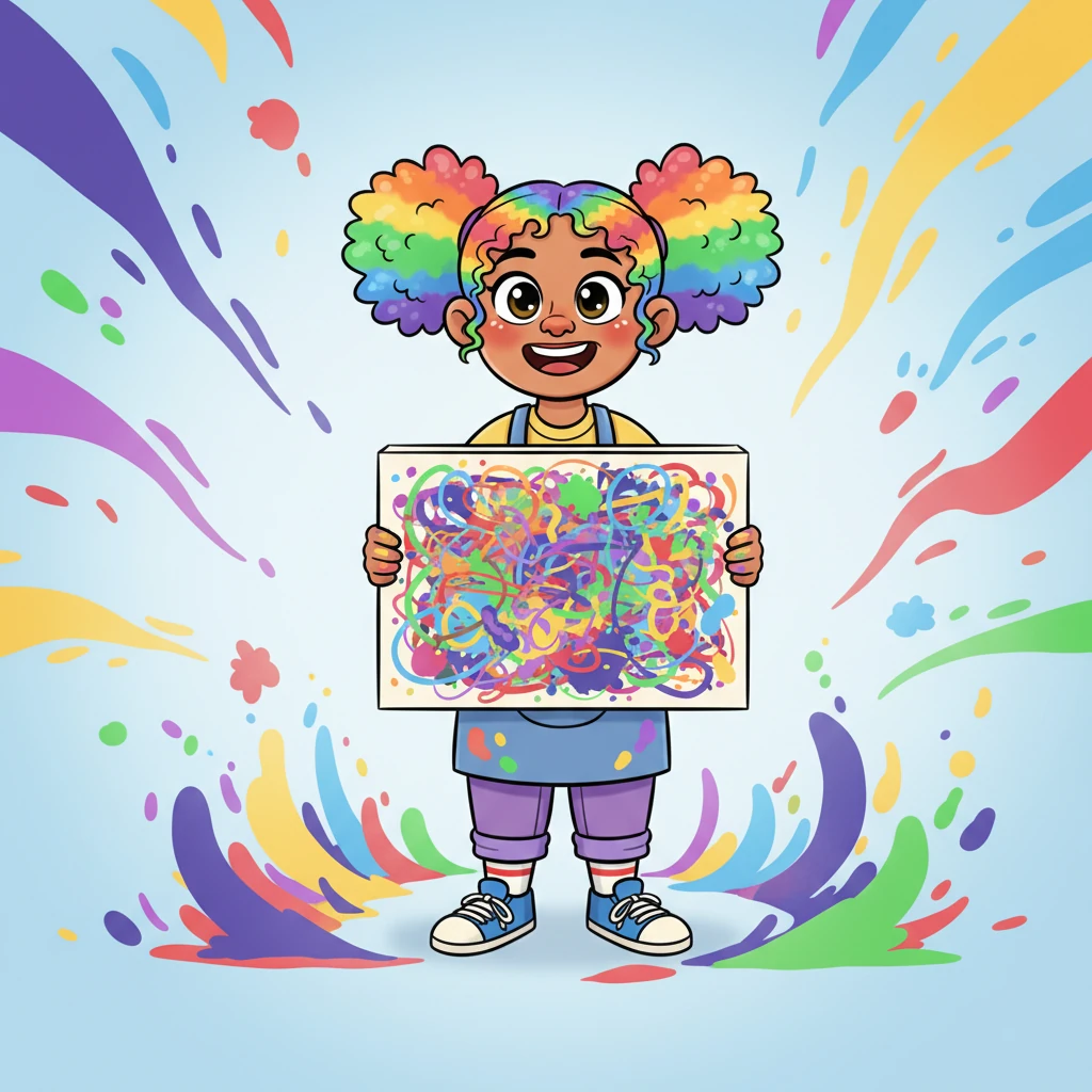 Doodle Dee beamed, proudly holding up their abstract masterpiece. Their smile is wide and genuine, their eyes sparkling with satisfaction. Around them, the room seems to glow with the vibrant energy of their art, proving that true beauty comes from the heart, not just perfect lines.