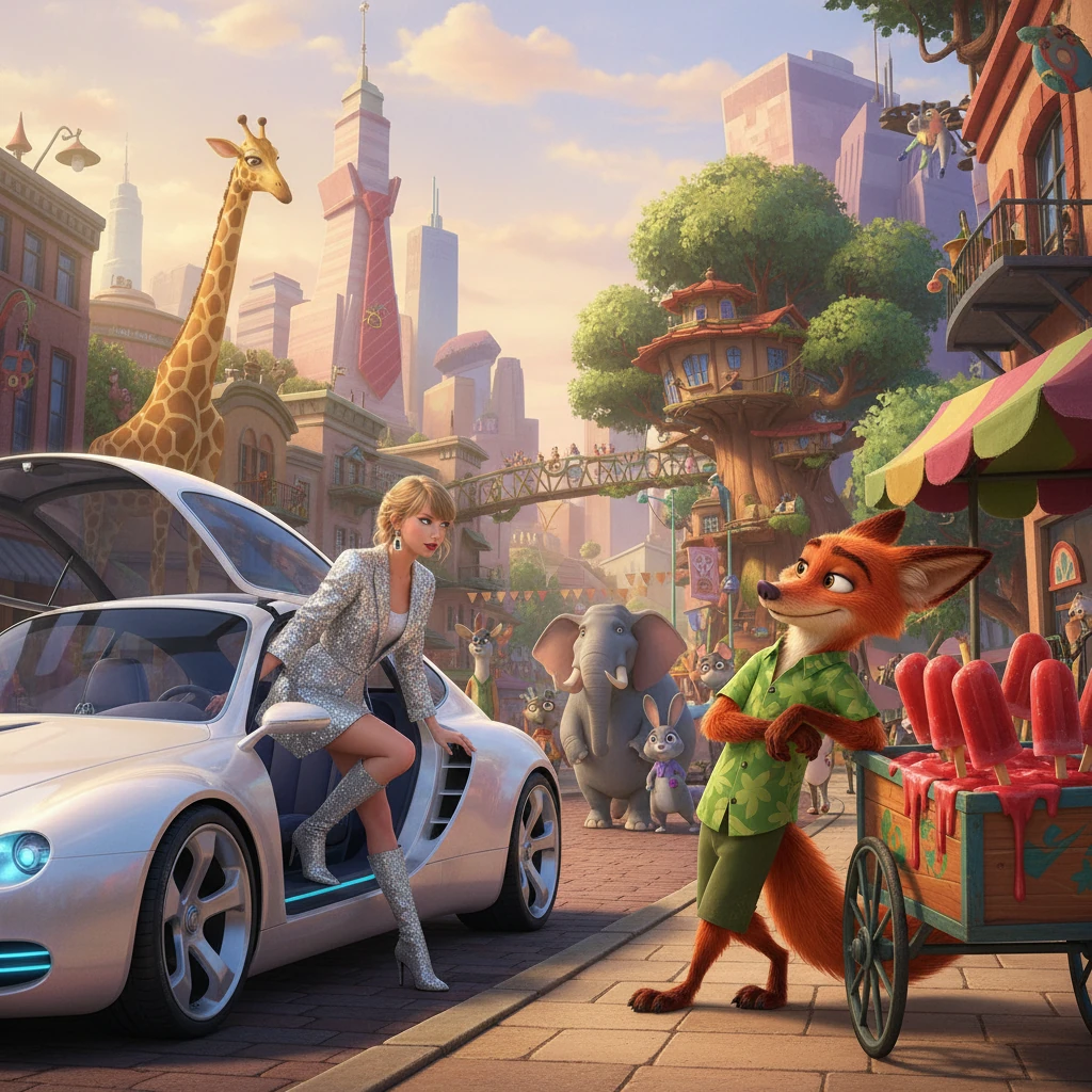 Taylor Swift, looking chic in a sparkly jacket, steps out of a futuristic, sleek car, her eyes wide with wonder. Before her stretches the vibrant, bustling metropolis of Zootopia, a city of towering, whimsical buildings and diverse animal citizens. A curious red fox, Nick Wilde, tips his head, observing her from a nearby street cart selling pawpsicles.
