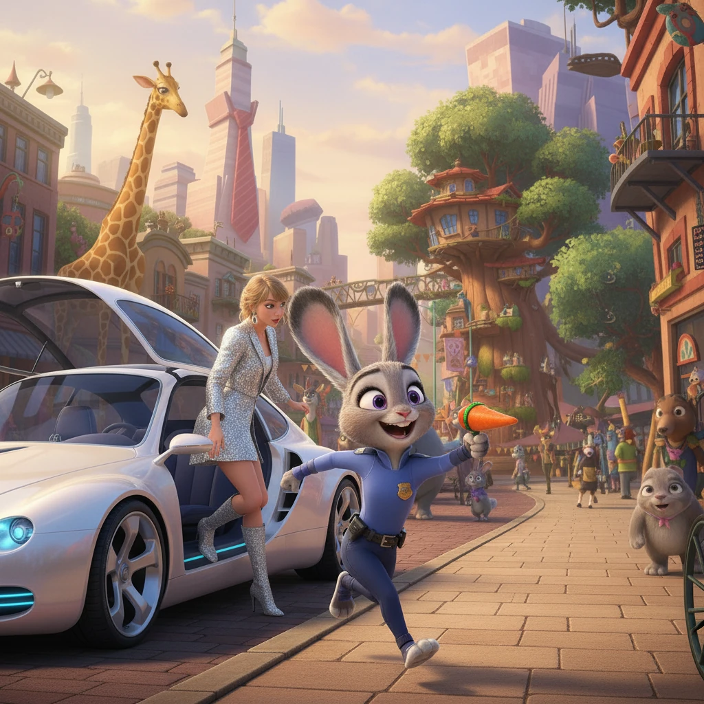 A cheerful bunny, Officer Judy Hopps, with her police uniform and badge, bounds over to greet Taylor with an excited smile. She offers Taylor a small, carrot-shaped microphone, a welcoming gesture. The city's colorful skyline glows in the background.